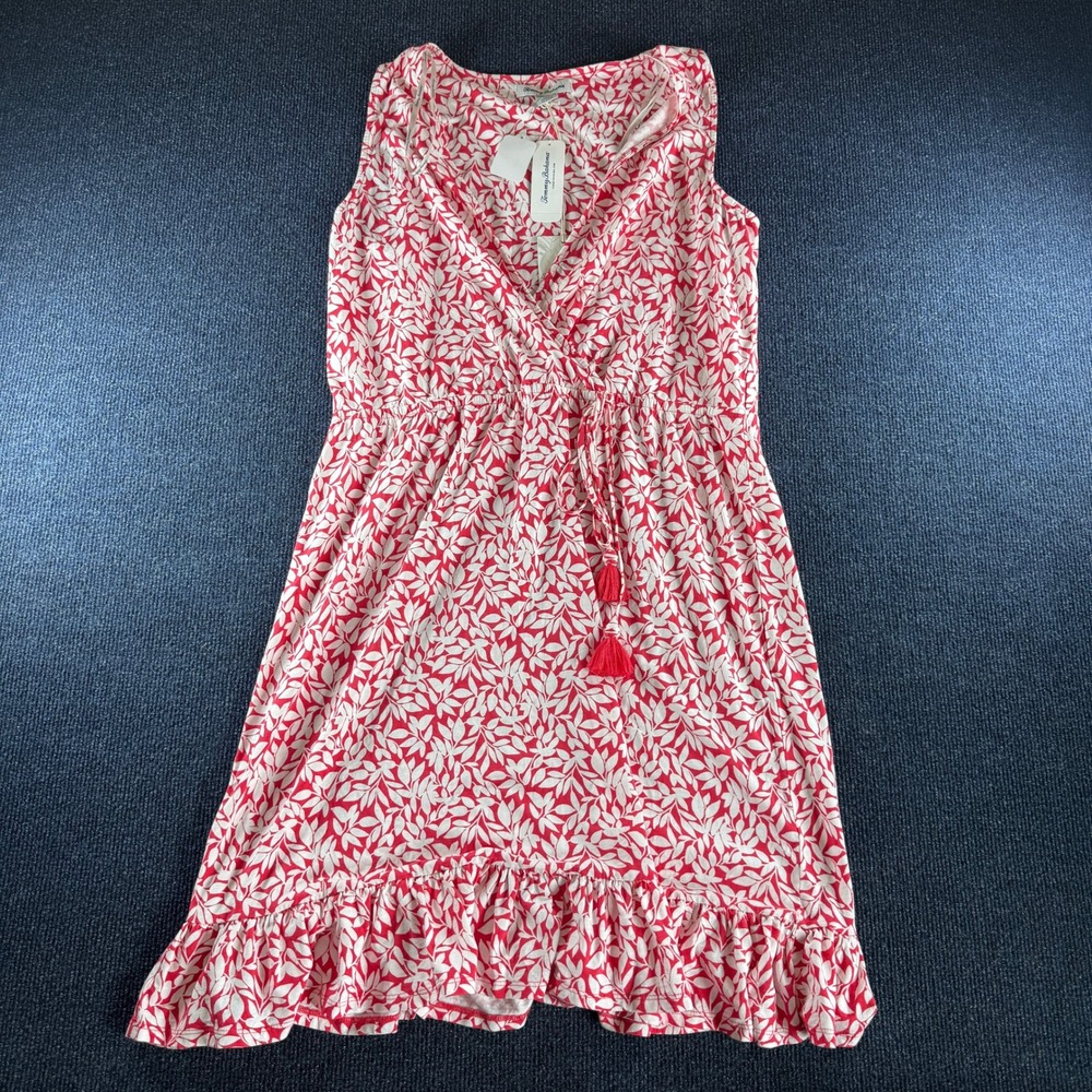 Tommy Bahama Red White Leaf Print Faux Wrap Ruffle Dress Tassel Waist Medium NWT